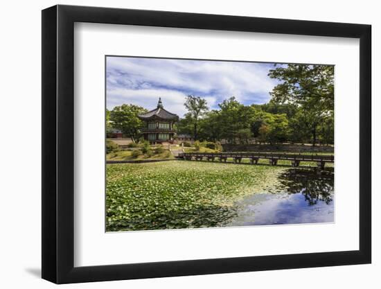 Hyangwonjeong Pavilion and Chwihyanggyo Bridge over Water Lily Filled Lake in Summer, South Korea-Eleanor Scriven-Framed Photographic Print