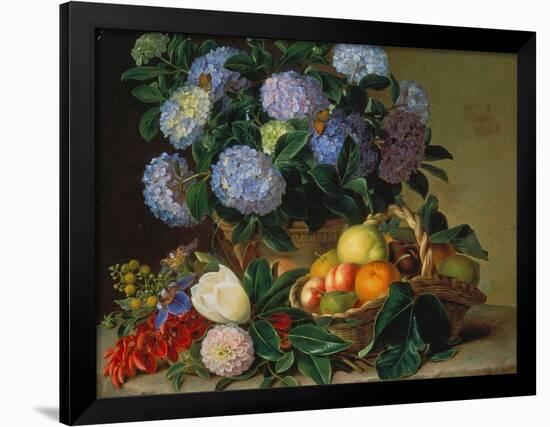 Hydrangea in a Jug and a Basket with Oranges, Lemons and Figs, 1834-Johan Laurentz Jensen-Framed Giclee Print