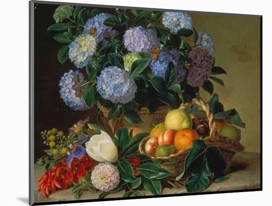 Hydrangea in a Jug and a Basket with Oranges, Lemons and Figs, 1834-Johan Laurentz Jensen-Mounted Giclee Print
