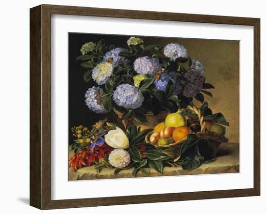 Hydrangea in an Urn and a Basket of Fruit on a Ledge-Johan Laurentz Jensen-Framed Giclee Print