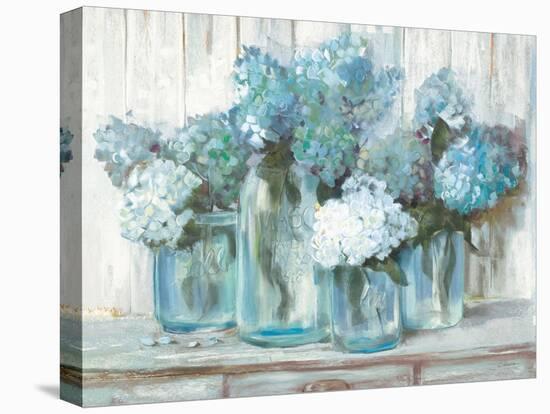 Hydrangeas in Glass Jars Blue-Carol Rowan-Stretched Canvas