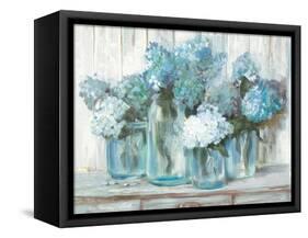 Hydrangeas in Glass Jars Blue-Carol Rowan-Framed Stretched Canvas