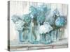 Hydrangeas in Glass Jars Blue-Carol Rowan-Stretched Canvas