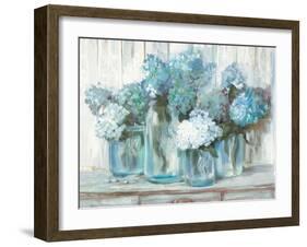 Hydrangeas in Glass Jars Blue-Carol Rowan-Framed Art Print