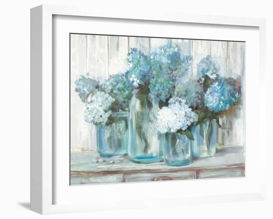 Hydrangeas in Glass Jars Blue-Carol Rowan-Framed Art Print