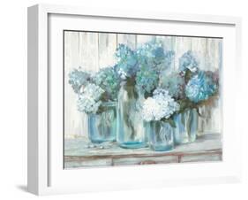 Hydrangeas in Glass Jars Blue-Carol Rowan-Framed Art Print