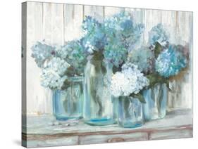 Hydrangeas in Glass Jars Blue-Carol Rowan-Stretched Canvas