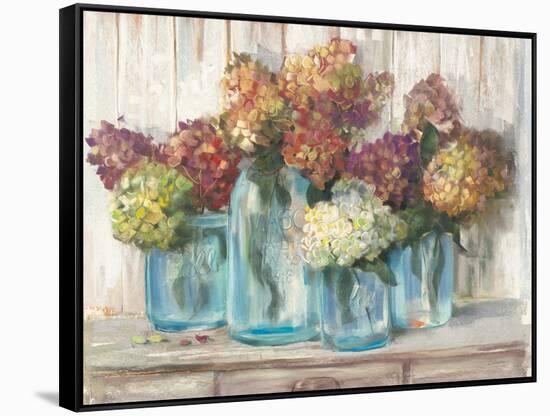 Hydrangeas in Glass Jars White Wood-Carol Rowan-Framed Stretched Canvas