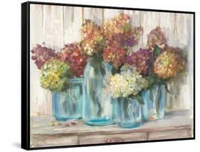 Hydrangeas in Glass Jars White Wood-Carol Rowan-Framed Stretched Canvas