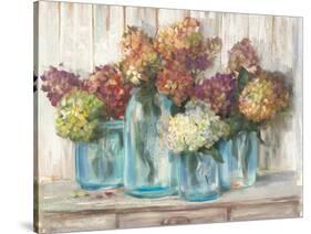 Hydrangeas in Glass Jars White Wood-Carol Rowan-Stretched Canvas