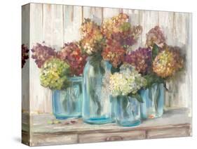 Hydrangeas in Glass Jars White Wood-Carol Rowan-Stretched Canvas