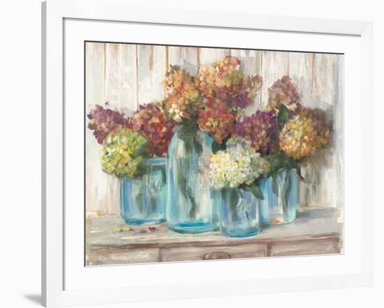 Hydrangeas in Glass Jars White Wood-Carol Rowan-Framed Art Print