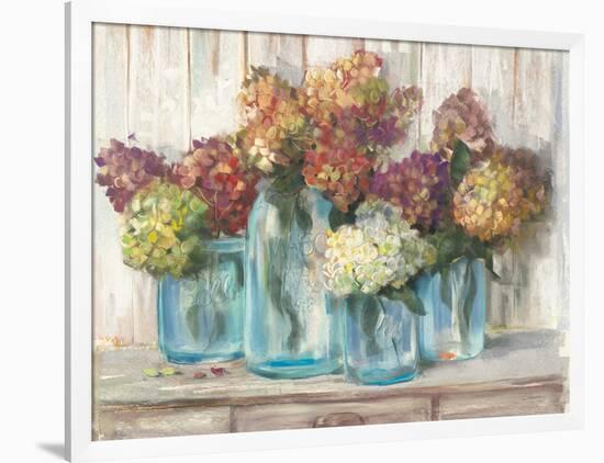 Hydrangeas in Glass Jars White Wood-Carol Rowan-Framed Art Print