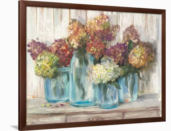 Hydrangeas in Glass Jars White Wood-Carol Rowan-Framed Art Print