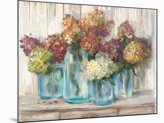 Hydrangeas in Glass Jars White Wood-Carol Rowan-Mounted Art Print