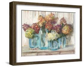 Hydrangeas in Glass Jars White Wood-Carol Rowan-Framed Art Print