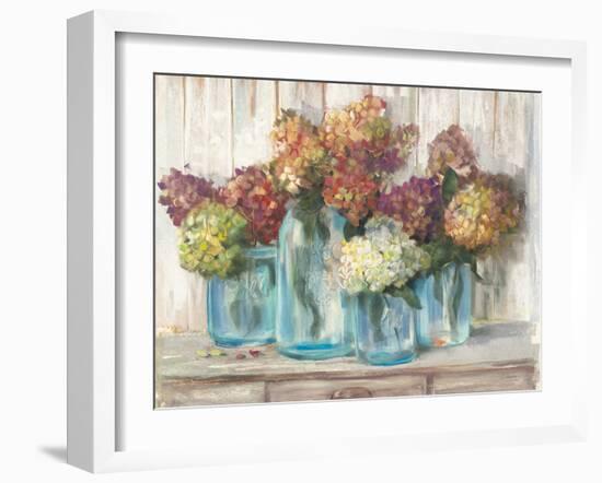 Hydrangeas in Glass Jars White Wood-Carol Rowan-Framed Art Print