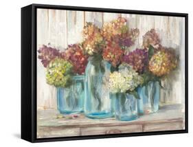 Hydrangeas in Glass Jars White Wood-Carol Rowan-Framed Stretched Canvas