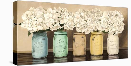 Hydrangeas in Mason Jars-Jenny Thomlinson-Stretched Canvas