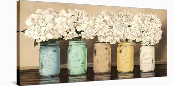 Hydrangeas in Mason Jars-Jenny Thomlinson-Stretched Canvas