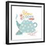 Hygge Card with Slow down Words and Vintage Teapot. Cute Print for Apparel, T-Shirt, Clothes, Cards-Svetlana Shamshurina-Framed Photographic Print