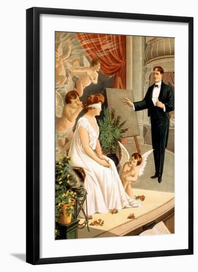 Hypnotist and Blindfolded Woman with Angels on Stage-null-Framed Art Print