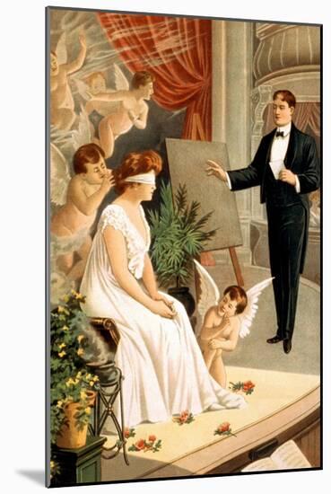 Hypnotist and Blindfolded Woman with Angels on Stage-null-Mounted Art Print