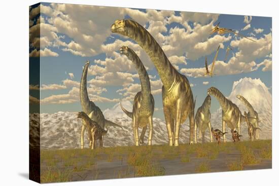 Hypsilophodon and Pteranodon Dinosaurs Accompany a Herd of Argentinosaurus-null-Stretched Canvas