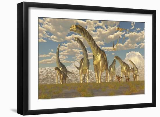 Hypsilophodon and Pteranodon Dinosaurs Accompany a Herd of Argentinosaurus-null-Framed Art Print