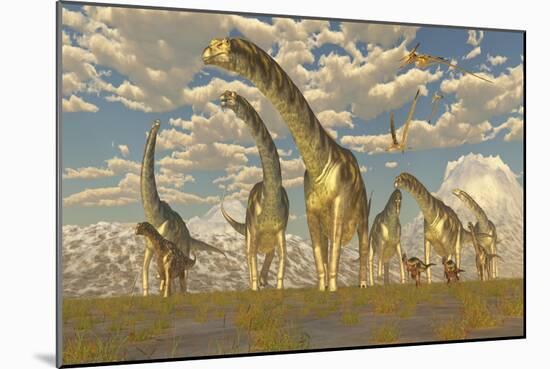 Hypsilophodon and Pteranodon Dinosaurs Accompany a Herd of Argentinosaurus-null-Mounted Art Print