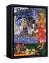 I greet you, Maria. Landscape with yellow angel, praying women, Maria and Jesus as Tahitians.-Paul Gauguin-Framed Stretched Canvas