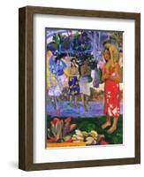 I greet you, Maria. Landscape with yellow angel, praying women, Maria and Jesus as Tahitians.-Paul Gauguin-Framed Giclee Print