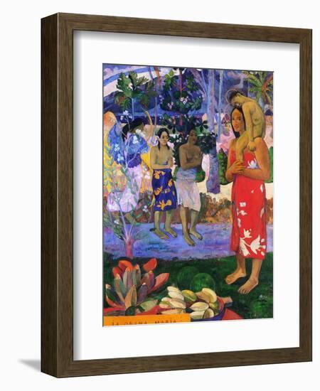 I greet you, Maria. Landscape with yellow angel, praying women, Maria and Jesus as Tahitians.-Paul Gauguin-Framed Giclee Print