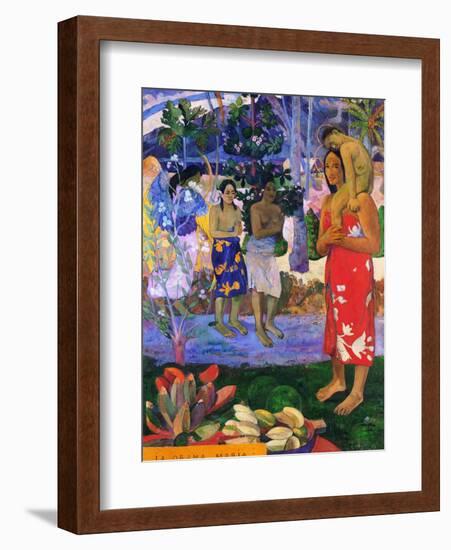 I greet you, Maria. Landscape with yellow angel, praying women, Maria and Jesus as Tahitians.-Paul Gauguin-Framed Giclee Print