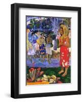 I greet you, Maria. Landscape with yellow angel, praying women, Maria and Jesus as Tahitians.-Paul Gauguin-Framed Giclee Print