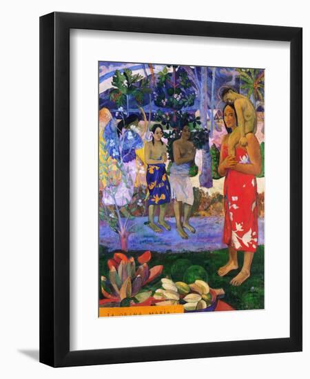 I greet you, Maria. Landscape with yellow angel, praying women, Maria and Jesus as Tahitians.-Paul Gauguin-Framed Giclee Print