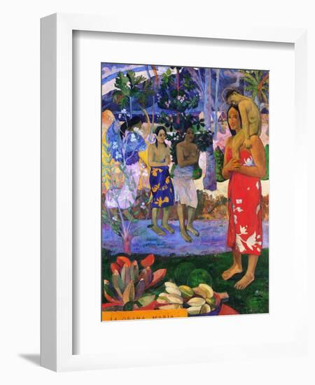 I greet you, Maria. Landscape with yellow angel, praying women, Maria and Jesus as Tahitians.-Paul Gauguin-Framed Giclee Print