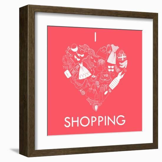 I Love Shopping! A Heart Shape Made of of Different Female Fashion Accessories.-Alisa Foytik-Framed Art Print