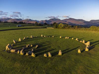 Aerial view of Castlerigg Stone Circle and Catbells, Lake District National Park