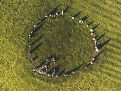 Overhead view of Castlerigg Stone Circle at dawn, Lake District National Park
