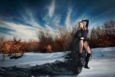 Lovely Young Lady Posing Dramatically with Long Black Veil in Winter Scenery. Gothic Blonde Woman-iancucristi-Photographic Print