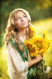 Young Woman Wearing a Long White Dress Holding Sunflowers Outdoor Shot. Portrait of Beautiful Blond-iancucristi-Photographic Print