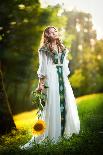 Young Woman Wearing a Long White Dress Holding a Sunflower Outdoor Shot. Portrait of Beautiful Girl-iancucristi-Photographic Print