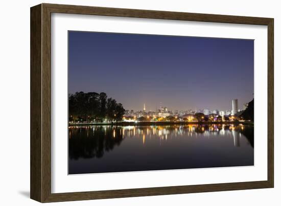 Ibirapuera Park with a Reflection of the Sao Paulo Skyline at Night-Alex Saberi-Framed Premium Photographic Print