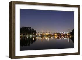 Ibirapuera Park with a Reflection of the Sao Paulo Skyline at Night-Alex Saberi-Framed Premium Photographic Print