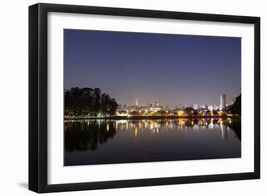 Ibirapuera Park with a Reflection of the Sao Paulo Skyline at Night-Alex Saberi-Framed Premium Photographic Print