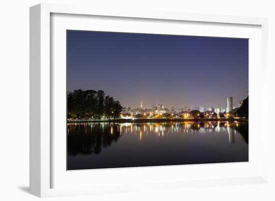 Ibirapuera Park with a Reflection of the Sao Paulo Skyline at Night-Alex Saberi-Framed Premium Photographic Print