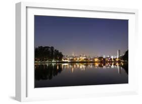 Ibirapuera Park with a Reflection of the Sao Paulo Skyline at Night-Alex Saberi-Framed Photographic Print