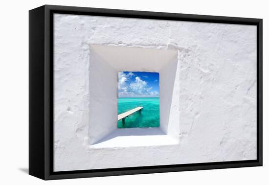 Ibiza Mediterranean White Wall Window with Formentera Beach View [Photo-Illustration]-holbox-Framed Stretched Canvas