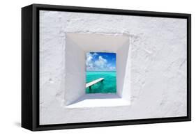 Ibiza Mediterranean White Wall Window with Formentera Beach View [Photo-Illustration]-holbox-Framed Stretched Canvas